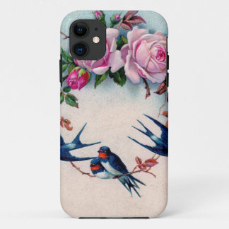 Coque iPhone 11 hirondelles et roses de cru sur cyan