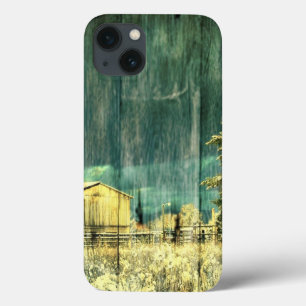 Etui iPhone 13 hiver rustique à feuillage persistant vieux cabine