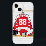 Coque Pour iPhone 14 Hockey sur glace du Jersey<br><div class="desc">Un design sportif unique et amusant avec un maillot de hockey sur glace personnalisé accroché dans un vestiaire avec casque, patins à glace et bâton de hockey. Le maillot peut être entièrement personnalisé avec le numéro et le nom de votre choix pour faire un grand cadeau à n'importe quel fan...</div>