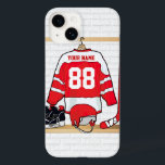 Coque Pour iPhone 14 Hockey sur glace du Jersey<br><div class="desc">Un design sportif unique et amusant avec un maillot de hockey sur glace personnalisé accroché dans un vestiaire avec casque, patins à glace et bâton de hockey. Le maillot peut être entièrement personnalisé avec le numéro et le nom de votre choix pour faire un grand cadeau à n'importe quel fan...</div>