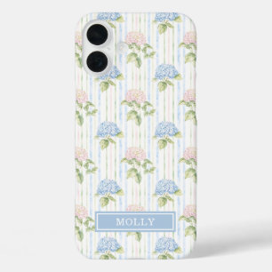 Coque Pour iPhone 16 Plus Hortensia Bleu Aquarelle Rayé Personnalisé