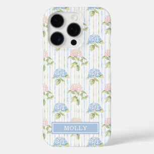 Coque iPhone 16 Pro Hortensia Bleu Aquarelle Rayé Personnalisé
