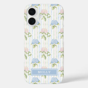 Coque Pour iPhone 16 Hortensia Bleu Aquarelle Rayé Personnalisé