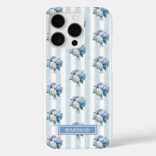 Coque iPhone 16 Pro Hortensias bleus sur rayures