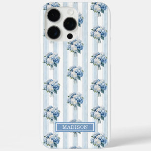 Coque iPhone 16 Pro Max Hortensias bleus sur rayures
