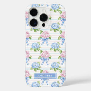 Coque iPhone 16 Pro Hortensias rayés bleu et rose