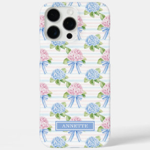 Coque iPhone 16 Pro Max Hortensias rayés bleu et rose