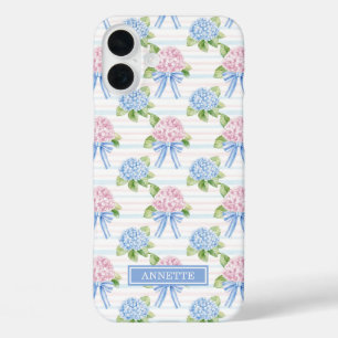 Coque Pour iPhone 16 Plus Hortensias rayés bleu et rose