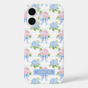 Coque Pour iPhone 16 Hortensias rayés bleu et rose