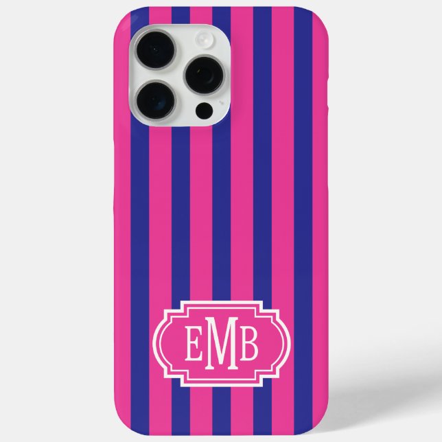 Coques Case-Mate iPhone Hot Pink and Navy Blue Monogrammed Stripes (Verso)