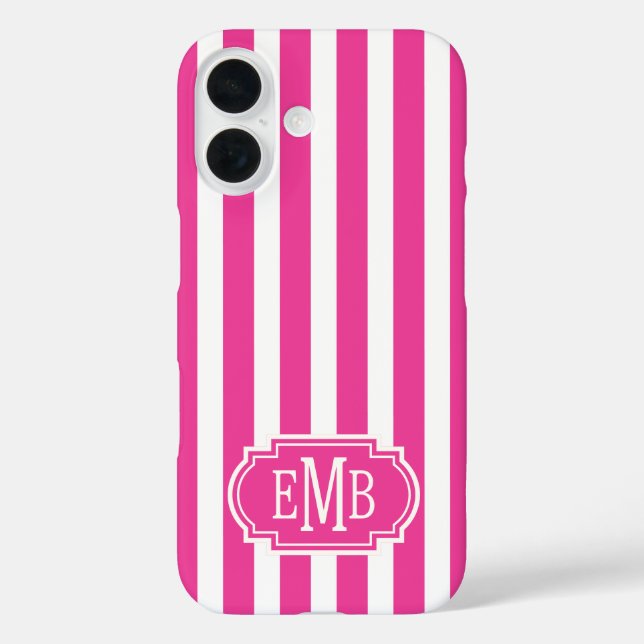 Coques Case-Mate iPhone Hot Pink and White Monogrammed Stripes (Verso)