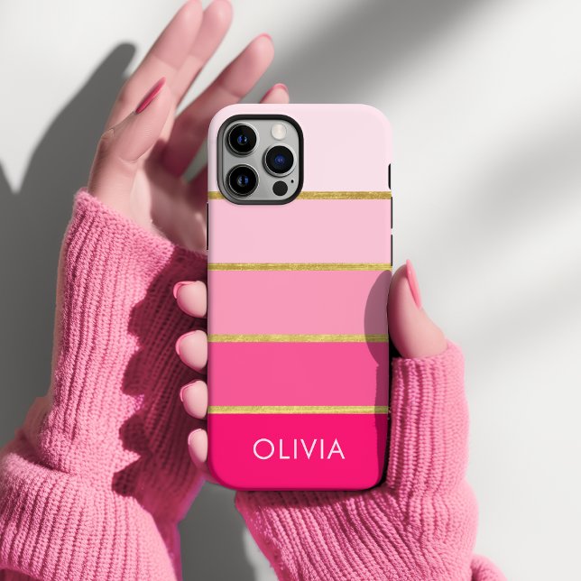 Coques Case-Mate iPhone Hot Pink & Gold Girly Personalized (Personalized pink an gold stripe phone case)