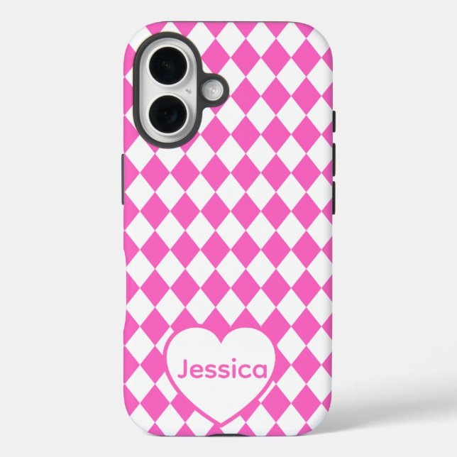 Coques Case-Mate iPhone Hot Pink Harlequin Pattern Personalized Name (Verso)