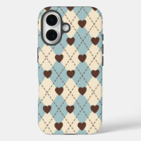 Housse à motif cœur Argyle bleu esthétique et crèm