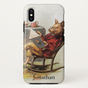 Coque iPhone X Humour vintage, Cochon en Rocking Chaise Lire un l
