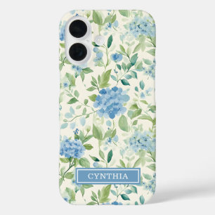 Coque Pour iPhone 16 Hydrangea Bleue Monogramme Aquarelle