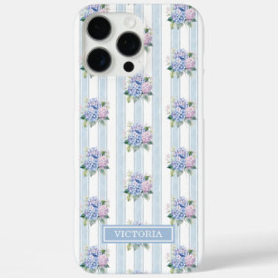 Coque iPhone 16 Pro Max Hydrangeas Bleues et Roses Monogrammées