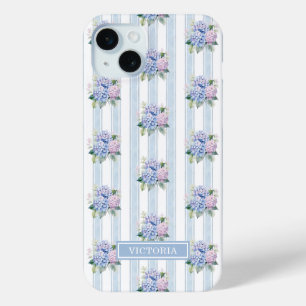 Coque Case-Mate iPhone Hydrangeas Bleus et Roses Monogrammées