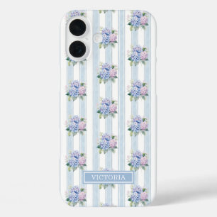 Coque Pour iPhone 16 Plus Hydrangeas Bleus et Roses Monogrammées