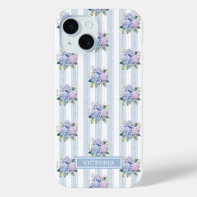 Coques Case-Mate iPhone Hydrangeas Bleus et Roses Monogrammées (Verso)