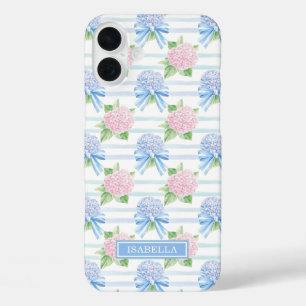 Coque Pour iPhone 16 Plus Hydrangeas Rayées Rose et Bleu