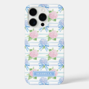 Coque iPhone 16 Pro Hydrangeas Rayées Rose et Bleu
