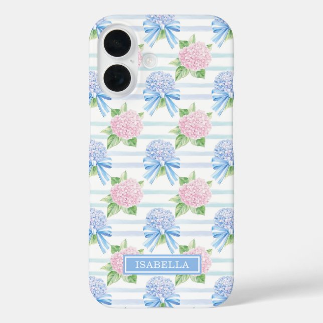 Coques Case-Mate iPhone Hydrangeas Roses Bleues et Roses Rayées (Verso)