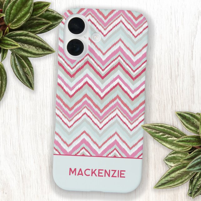 Coques Case-Mate iPhone Ikat Chevron Stripe moderne Nom personnalisé (Personalized name modern geometric ikat zigzag chevron pattern cell phone case in mint green pink)
