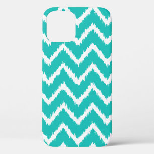 Coque iPhone 12 Ikat Chevrons - Turquoise et blanc
