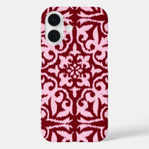 Coques iPhone 16 Ikat damask pattern - Bourgogne et rose