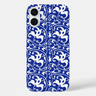 Coque Pour iPhone 16 Plus Ikat Floral Damask - Cobalt bleu et blanc