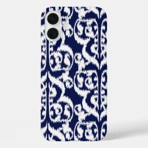 Coques iPhone 16 Plus Ikat Moorish Damask - indigo et blanc