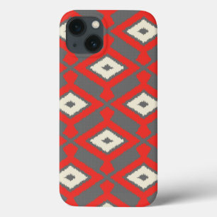 iPhone 13 Coque Ikat Motif - Rouge, gris et beige