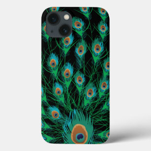 iPhone 13 Coque Illustration avec des plumes de paon sur le noir