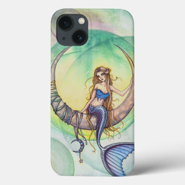 Coques Case-Mate iPhone Illustration d'art de sirène aquarelle Lune Cobalt (Verso)