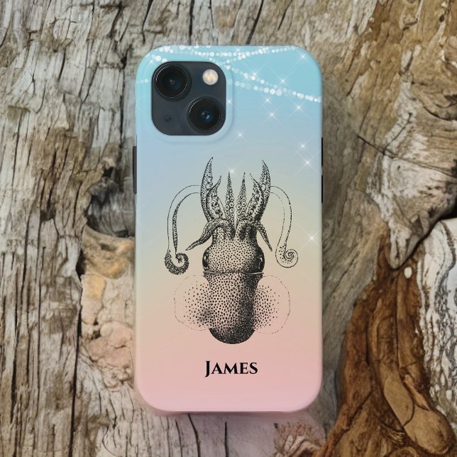 Coques Case-Mate iPhone Illustration de calmar sur Rainbow Pastel avec nom (Créateur téléchargé)
