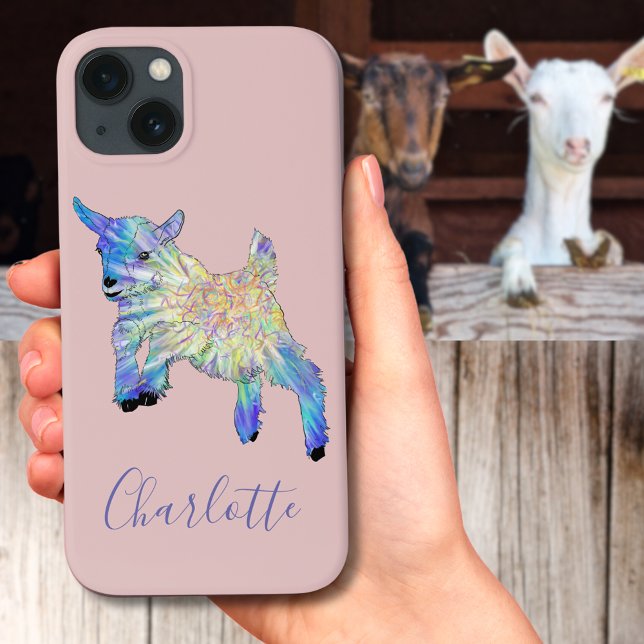 Coques Case-Mate iPhone Illustration de saut de chèvre mûre Nom (Cute baby goat jumping illustration pink mobile phone case with personalized name)