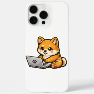 Coque iPhone 16 Pro Max Illustration de Shiba Inu mignon avec ordinateur p
