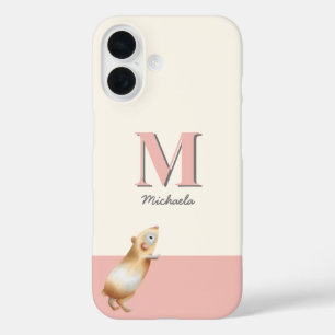 Coque Pour iPhone 16 Illustration du Monogramme de porc de Guinée rose 