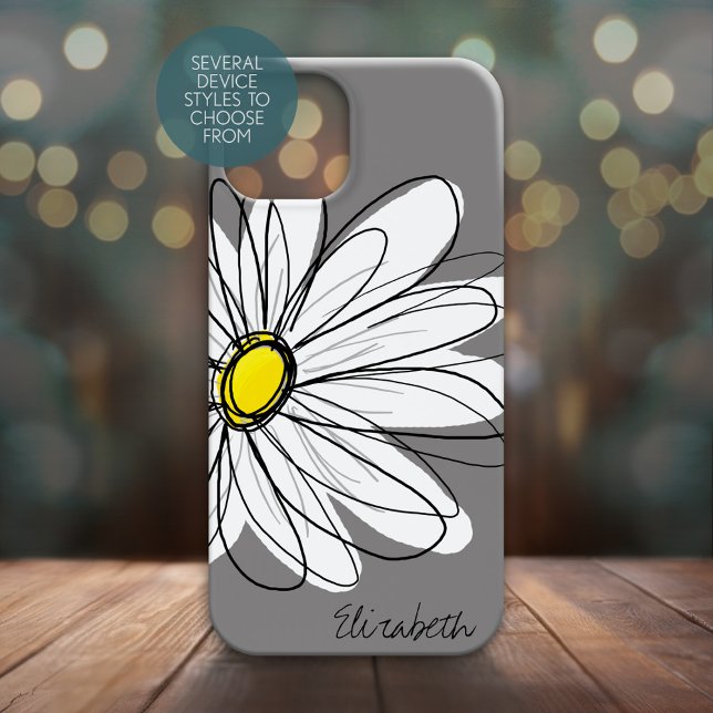 Coques Case-Mate iPhone Illustration florale Daisy tendance - gris et jaun (Personalized Phone Case - Whimsical Daisy with Custom Name)