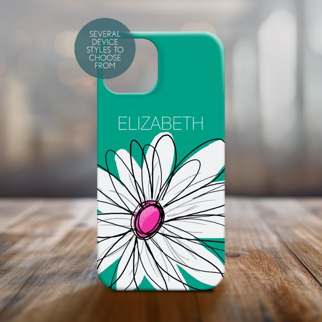 Coques Case-Mate iPhone Illustration florale tendance - rose et vert (Personalized Phone Case with Whimsical Daisy and Custom Name)