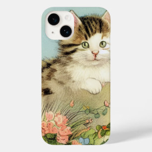 Coque Case-Mate iPhone Illustration vintage de chat avec fleurs roses