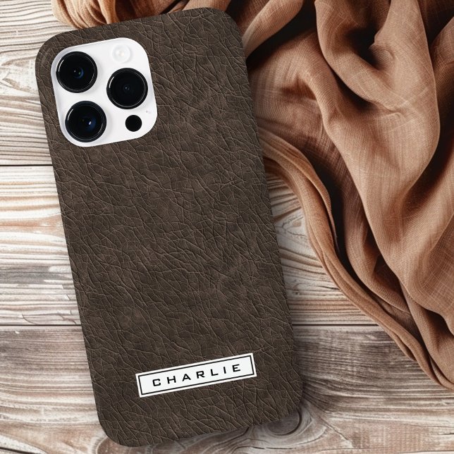 Coques Case-Mate iPhone Image imprimée en cuir marron foncé nom personnali (Dark brown leather printed image custom name Case-Mate iPhone case)