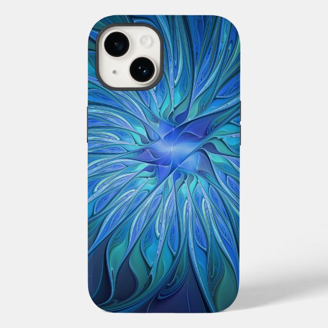 Coques Case-Mate iPhone Imaginaire Fleur Bleue Motif, Art Fractal Abstrait (Verso)