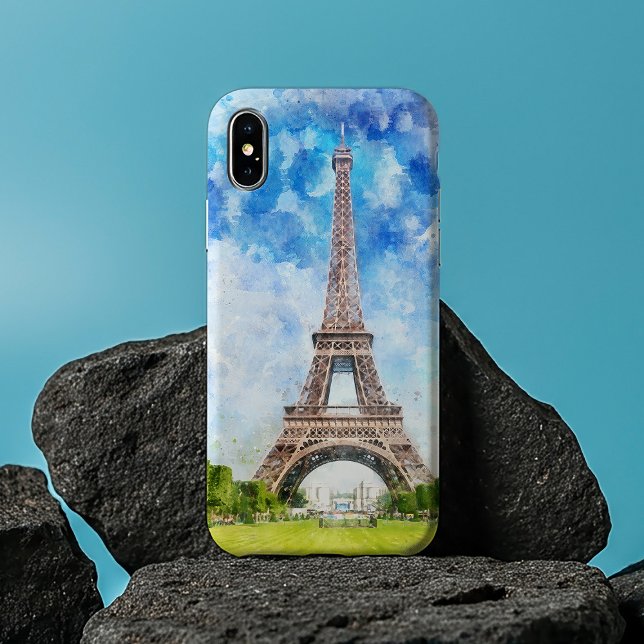Coques Case-Mate iPhone Impression aquarelle de la Tour Eiffel sur fond de (Eiffel Tower Watercolor Paris Skyline Art Print. iPhone Case)