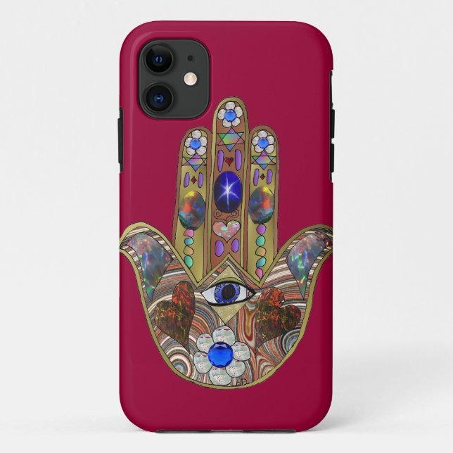 Coques Case-Mate iPhone Impression d'art opale de cœurs de Hamsa Judaica F (Dos)