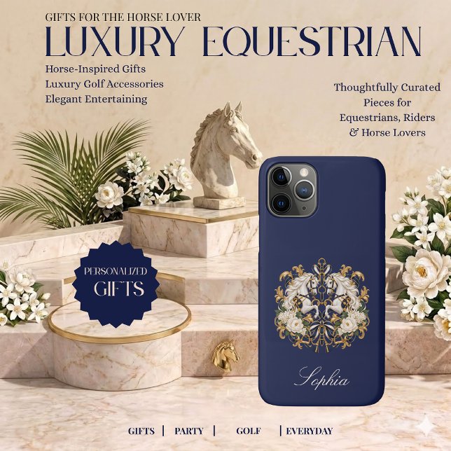 Coques Case-Mate iPhone Impression de cheval équestre de luxe personnalisé (Luxury Equestrian White Horses Navy Gold and Ivory Personalized Phone Case)