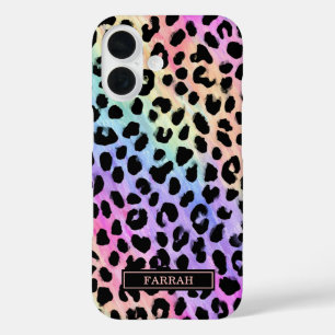 Coque Pour iPhone 16 Impression léopard arc-en-ciel pastel monogrammée