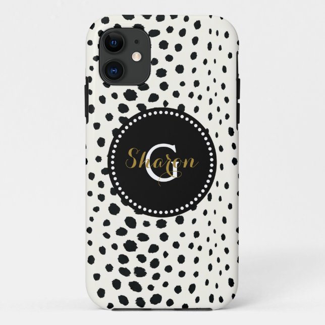 Coques Case-Mate iPhone Imprimé chic guépard noir blanc avec monogramme (Dos)