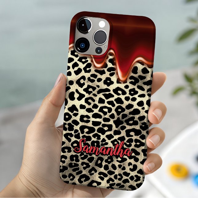 Coques Case-Mate iPhone Imprimé chic léopard rouge monogramme qui coule (Créateur téléchargé)